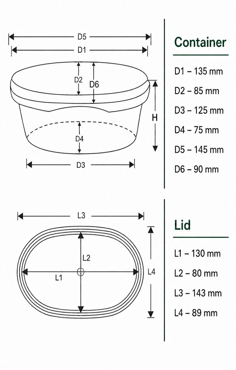 Product specification for the 500 ML oval IML container