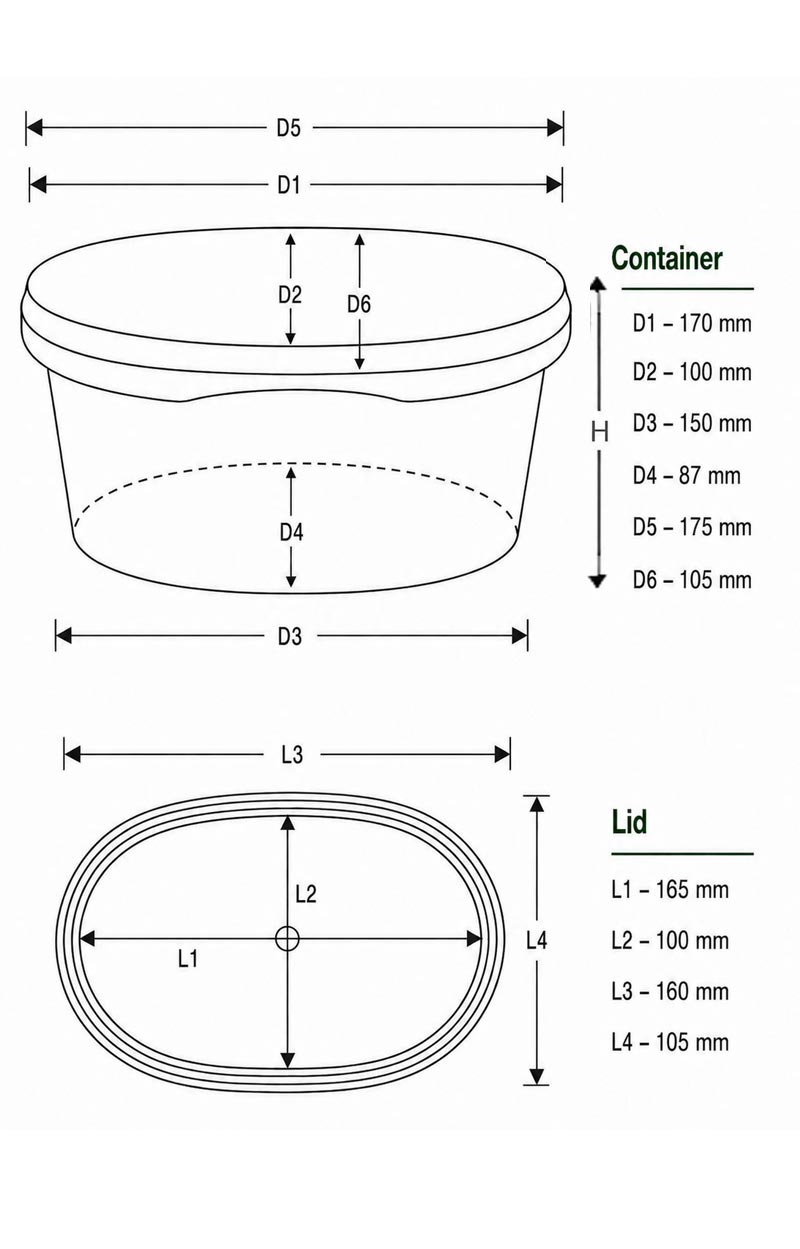 Product specification for the 750 ML oval IML container