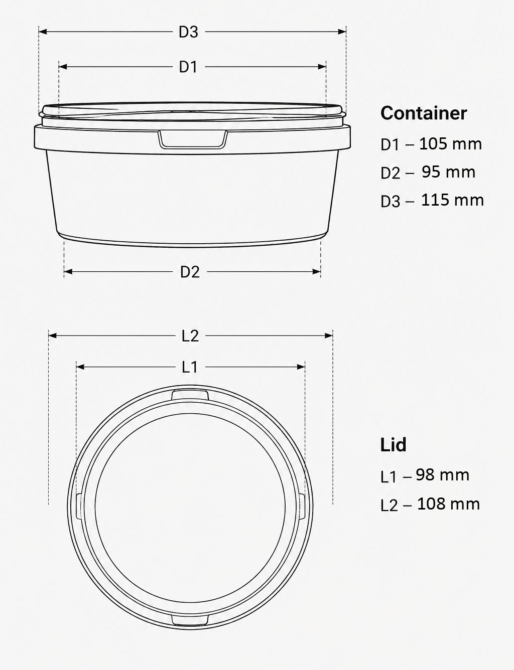 Product specification for the 300 ML round IML container
