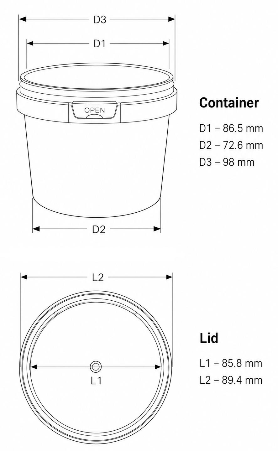 Product specification for the 500 ML round IML container