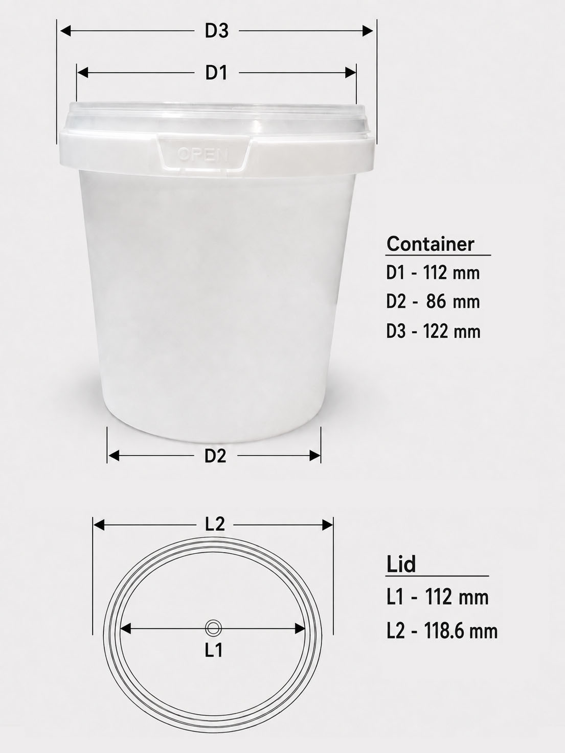 Product specification for the 750 ML round IML container